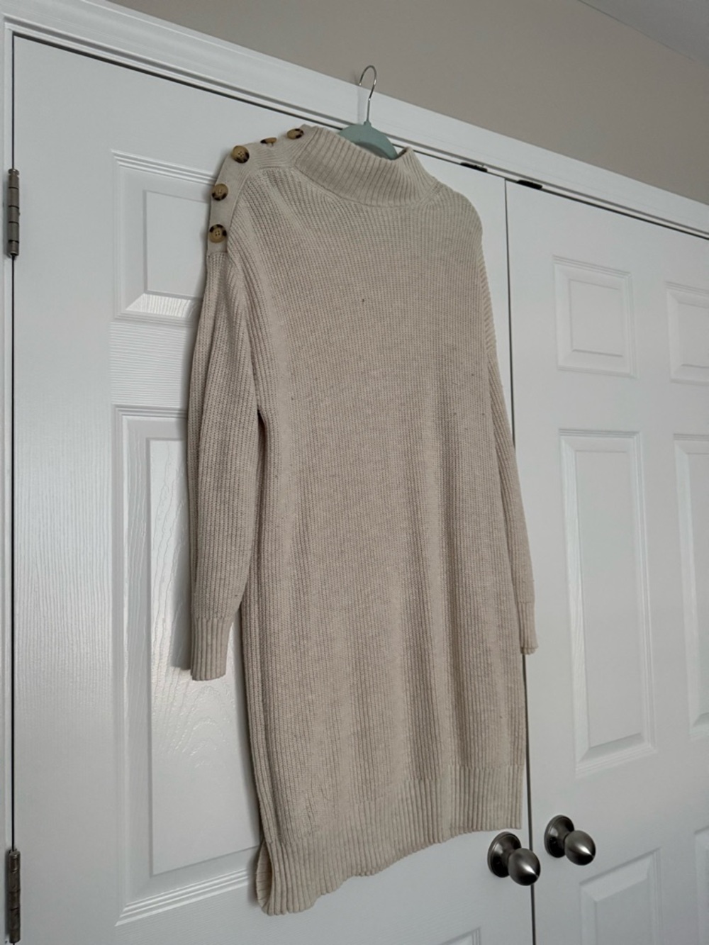 American Eagle Outfitters Beige Button-Shoulder Long Sleeve Sweater Dress